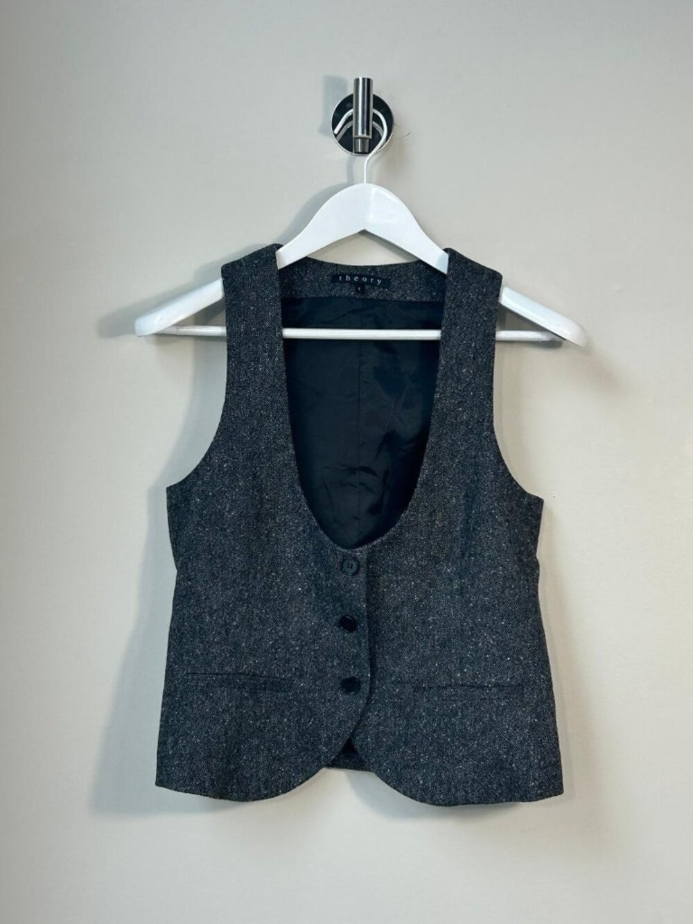 THEORY Women's Wool Blend Tweed Vest Size 4 Grey Black Button Front - Picture 2 of 5